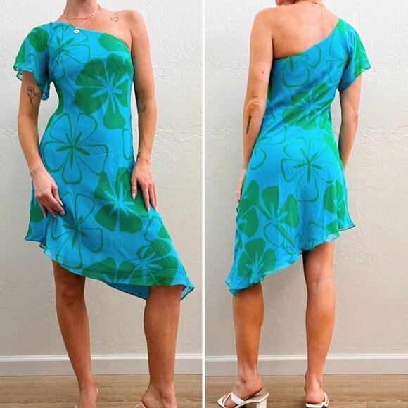 Summer '04 Y2K 100% Silk Blue Floral Asymmetric  One Shoulder Dress - Picture 5 of 7